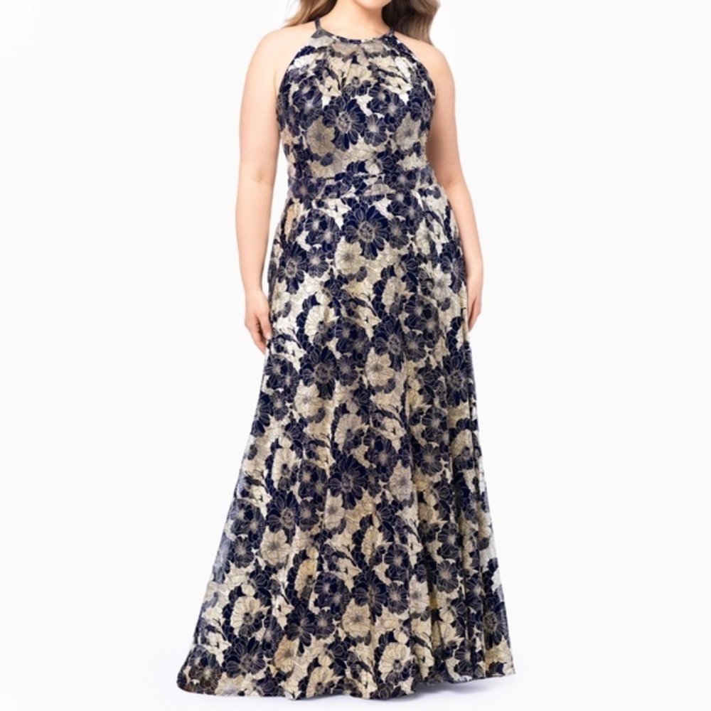 Betsy & Adam. Plus Size Layla Halter Top Foil Print Gown.